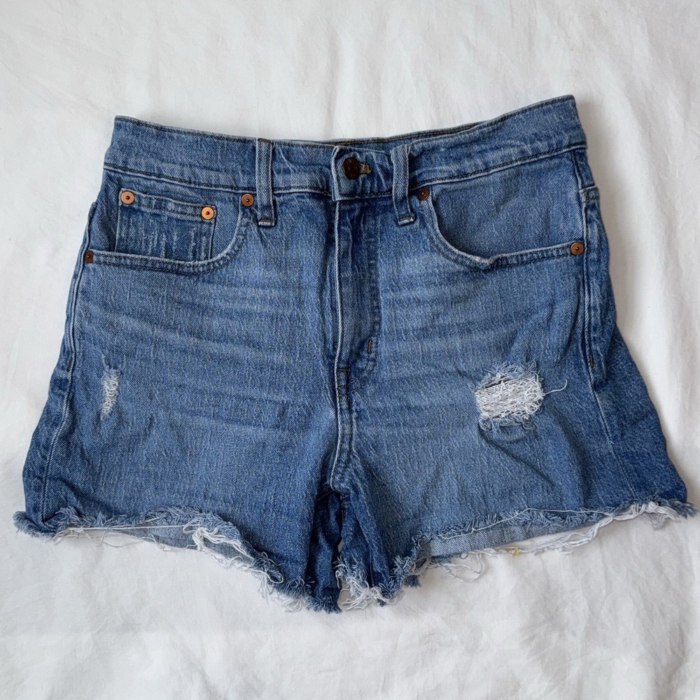 Madewell High Rise Denim Shorts Size 27 Distressed Raw Hem Blue Jeans